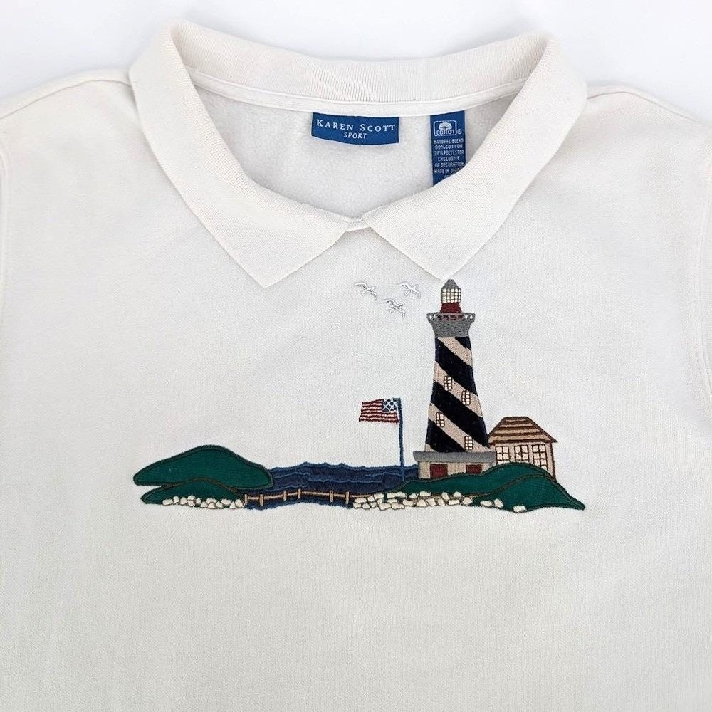 Womens Cream Lighthouse Embroidered Nautical Sea Vineyard ACK Polo Sweatshirt L